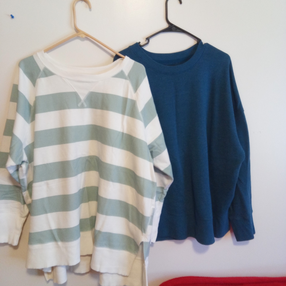 Just My Size Women's Sweaters - Striped Green and Solid Blue Crew Necks